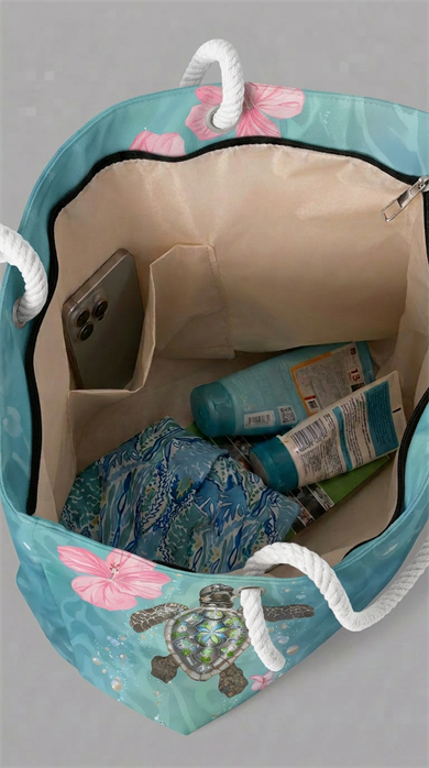 Kaplumbağa Desenli Geniş Hacimli Astarlı Kadın Plaj Çantası