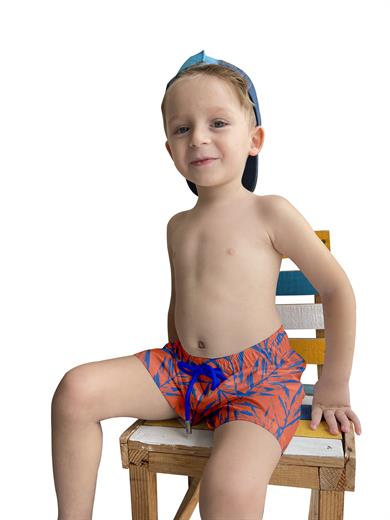 Yaprak Desenli Turuncu Standart Boy Erkek Çocuk Mayo Deniz Şortu 