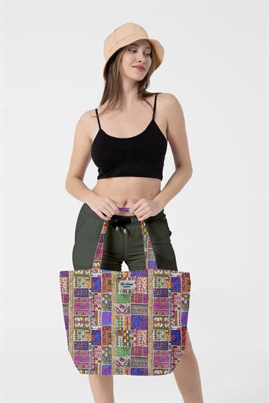 Etnik Desenli , Astarlı Kendinden Saplı, Geniş Hacimli Plaj Çantası