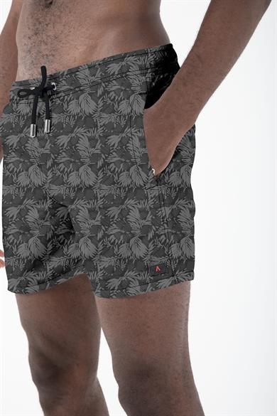 Siyah Yaprak Desenli Standart Boy Erkek Deniz ve Havuz Şortu 