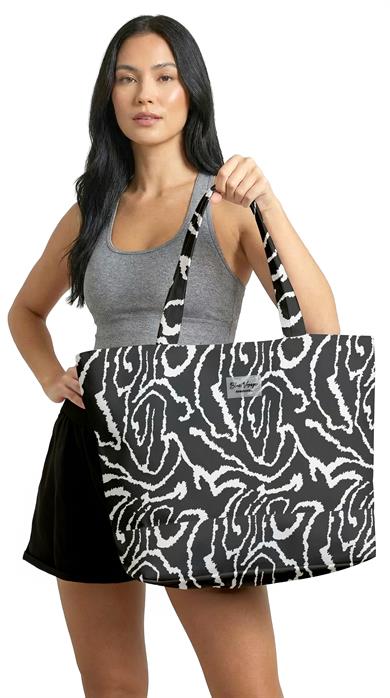 Soyut Desenli Siyah Beyaz Parçalı Kendinden Saplı Astarlı Kadın Plaj Çantası 