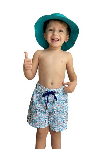 Mavi Yaprak Desenli Standart Boy Erkek Çocuk Mayo Deniz Şortu