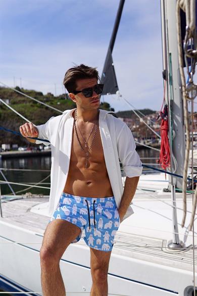 Kutup Ayısı Desenli Turkuaz Standart Boy Erkek Mayo Deniz Şortu 