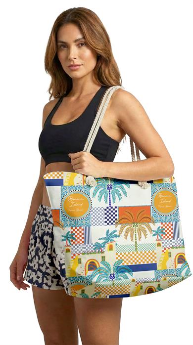 Tropikal Patchwork Desenli Geniş Hacimli Astarlı Kadın Plaj Çantası