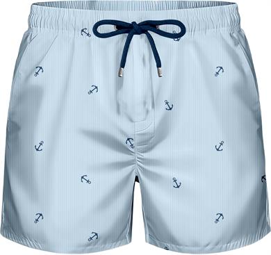 Mavi Beyaz Çizgili Marin Çapa Desenli Hızlı Kuruyan Esnek Kumaş Yumuşak Astarlı Üç Cepli Standart Boy Erkek Mayo Deniz Şortu 