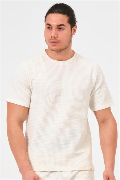 Erkek Ekru %100 Pamuk Oversize Bisiklet Yaka Basic Tişört 