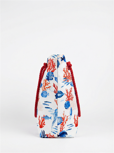 Balık ve Mercan Desenli Beyaz Geniş Hacimli Astarlı Kadın Plaj Çantası