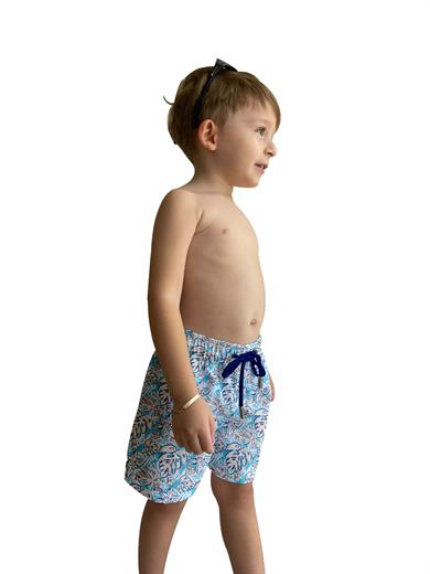 Mavi Yaprak Desenli Standart Boy Erkek Çocuk Mayo Deniz Şortu
