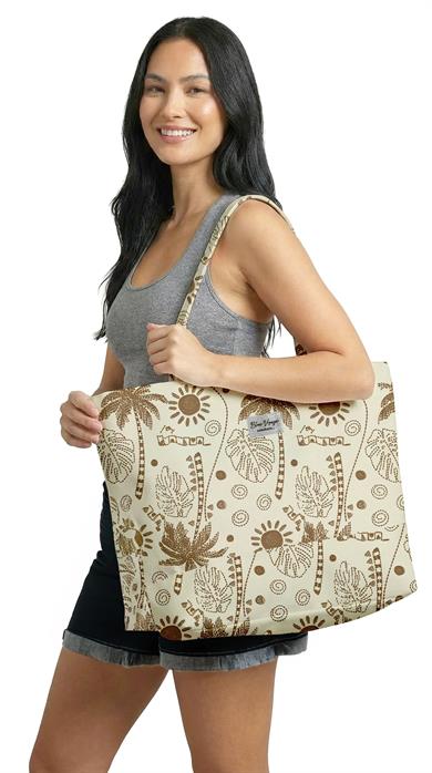 Palmiye Desenli Krem Rengi Parçalı Kendinden Saplı Astarlı Kadın Plaj Çantası 