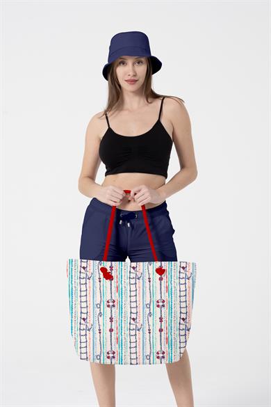Marin Çapa Desenli Kalın Malzemeli,Geniş Hacimli Kadın Plaj Çantası