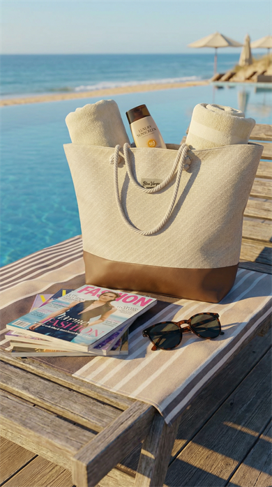 Keten Dokulu Taba Deri Parçalı Krem Rengi Astarlı Geniş Hacimli Kadın Plaj Çantası