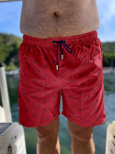 Kırmızı Marin Desenli Büyük Beden Standart Boy Erkek Mayo Deniz Şortu