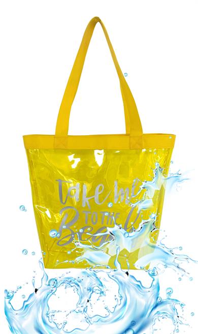 Kadın Take me To The Beach Baskılı Şeffaf Sarı PVC Plaj, Tatil , Kozmetik Çanta 42x37CM