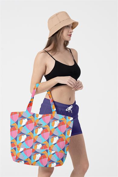 Renkli Balık Desenli , Astarlı Kendinden Saplı, Geniş Hacimli Plaj Çantası