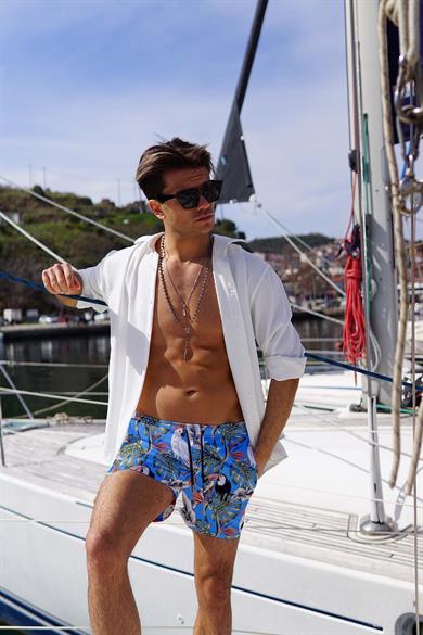 Tropikal Desenli Standart Boy Erkek Mayo Deniz Şortu 