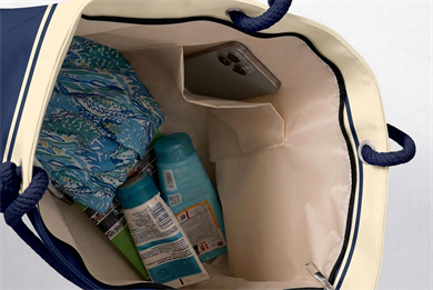 Ocean Sloganlı Lacivert Krem Geniş Hacimli Astarlı Kadın Plaj Çantası 