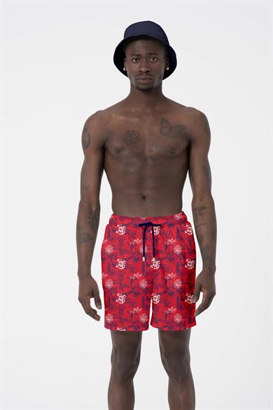 Hawaii Beach Kırmızı Marin Baskılı Esnek kumaş Standart Boy Erkek Deniz Şortu