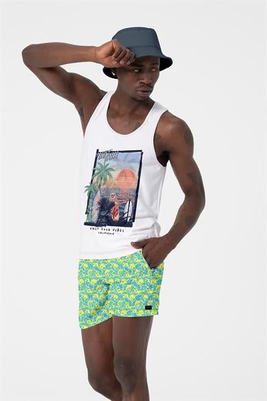 Sarı Karışık Desenli Su İtici Çabuk Kuruma Özellikli Standart Boy Erkek Mayo Deniz Şortu