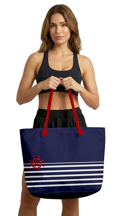 Çizgi ve Dümen Desenli Lacivert Geniş Hacimli Astarlı Kadın Plaj Çantası