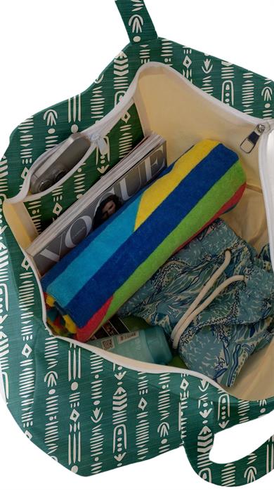 Etnik Desenli Yeşil Parçalı Kendinden Saplı Astarlı Kadın Plaj Çantası