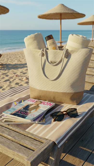 Keten Dokulu Jüt Parçalı Krem Rengi Astarlı Geniş Hacimli Kadın Plaj Çantası