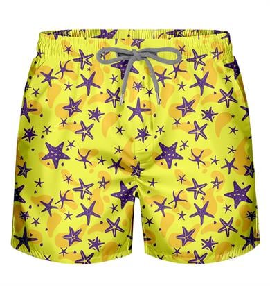 Sarı Deniz Yıldızı Desenli Su İtici Çabuk Kuruma Özellikli Standart Boy Erkek Mayo Deniz Şortu