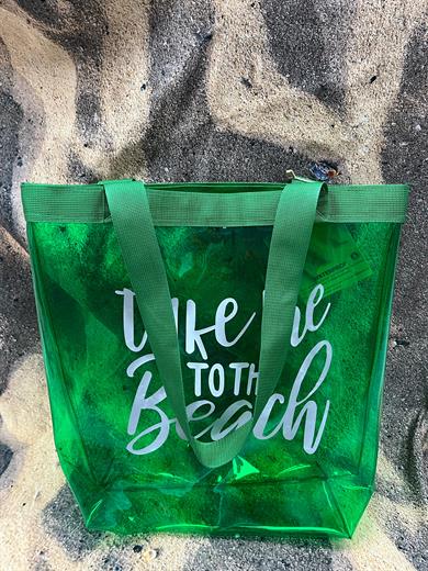Kadın Take me To The Beach Baskılı Şeffaf Yeşil PVC Plaj, Tatil , Kozmetik Çanta 42x37CM