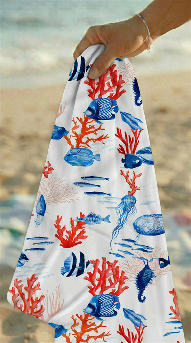 Balık ve Mercan Desenli Renkli Yüksek Su Emici 70x150cm Plaj Havlusu