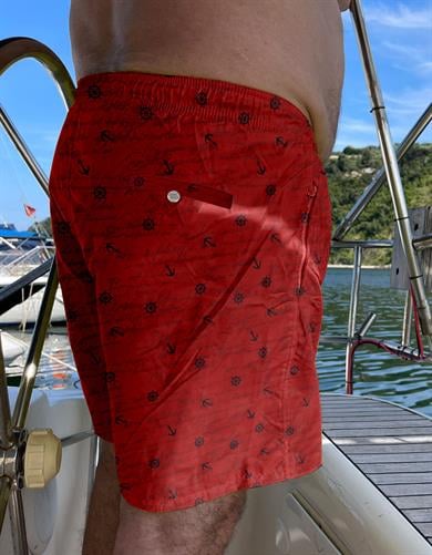 Kırmızı Marin Desenli Büyük Beden Standart Boy Erkek Mayo Deniz Şortu