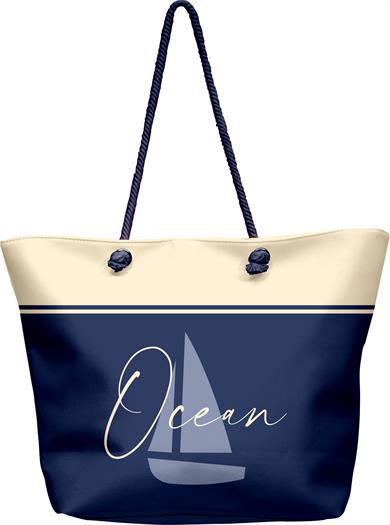 Ocean Sloganlı Lacivert Krem Geniş Hacimli Astarlı Kadın Plaj Çantası 
