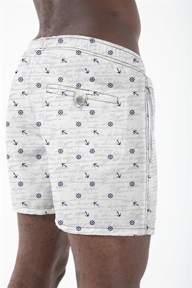 Marin Çapa Desenli Beyaz Standart Boy Erkek Mayo Deniz ve Havuz Şortu