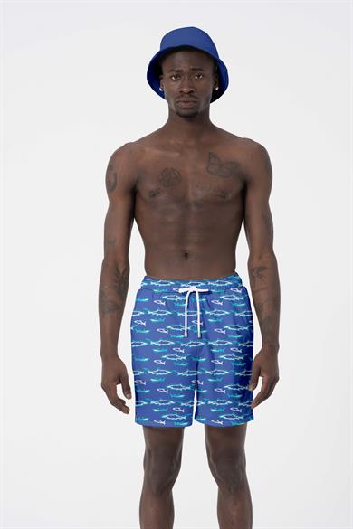 Hawaii Beach Mavi Balık Baskılı Esnek kumaş Standart Boy Erkek Deniz Şortu
