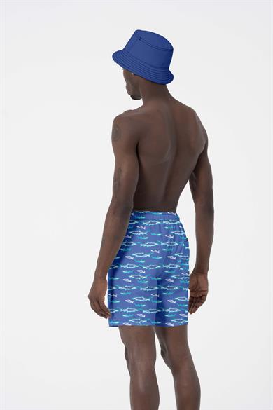 Hawaii Beach Mavi Balık Baskılı Esnek kumaş Standart Boy Erkek Deniz Şortu
