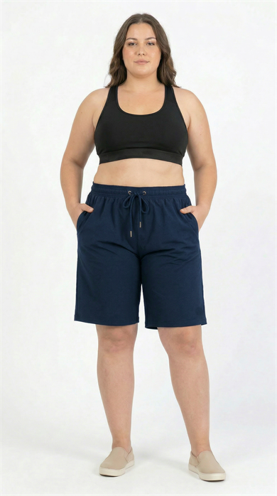 Lacivert Büyük Beden Uzun Boy Yan Cepli Kadın Mayo Deniz Şortu 