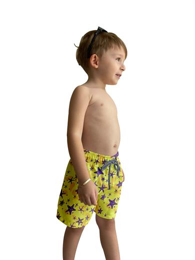 Deniz Yıldızı Desenli Sarı Standart Boy Erkek Çocuk Mayo Deniz Şortu 