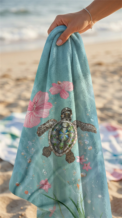 Kaplumbağa Desenli Renkli Yüksek Su Emici 70x150cm Plaj Havlusu