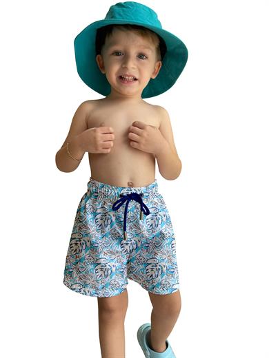 Mavi Yaprak Desenli Standart Boy Erkek Çocuk Mayo Deniz Şortu