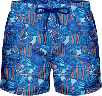 Balık Desenli Mavi Hızlı Kuruyan Esnek Kumaş Yumuşak Astarlı Üç Cepli Standart Boy Erkek Mayo Deniz Şortu 