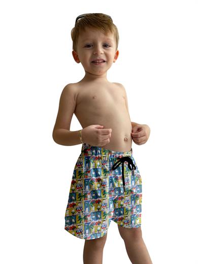 Renkli Desenli Standart Boy Erkek Çocuk Mayo Deniz Şortu 