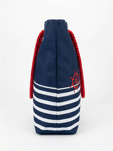 Çizgi ve Dümen Desenli Lacivert Geniş Hacimli Astarlı Kadın Plaj Çantası