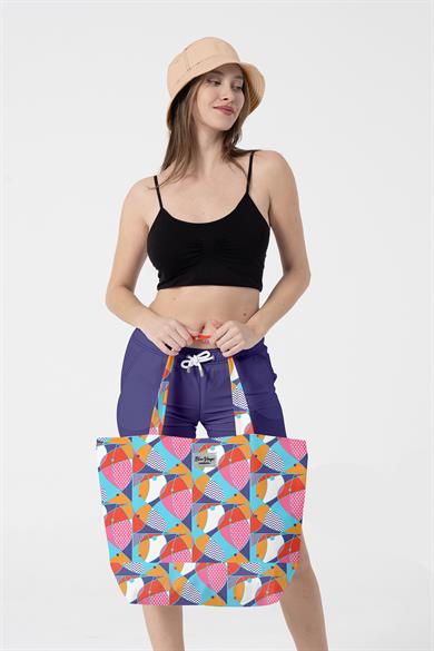 Renkli Balık Desenli , Astarlı Kendinden Saplı, Geniş Hacimli Plaj Çantası