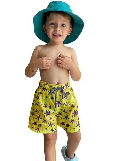 Deniz Yıldızı Desenli Sarı Standart Boy Erkek Çocuk Mayo Deniz Şortu 