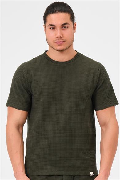 Erkek Haki %100 Pamuk Oversize Bisiklet Yaka Basic Tişört 