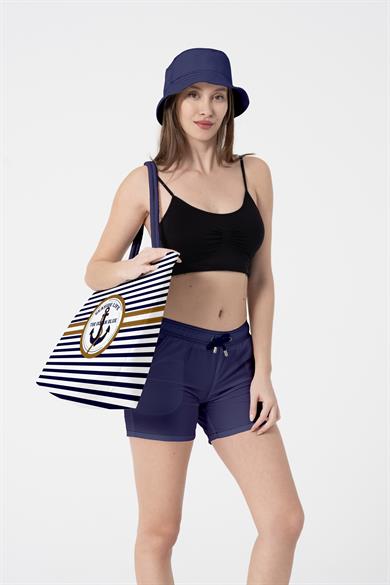 Marin Çapa Desenli Kalın Malzemeli,Geniş Hacimli Kadın Plaj Çantası