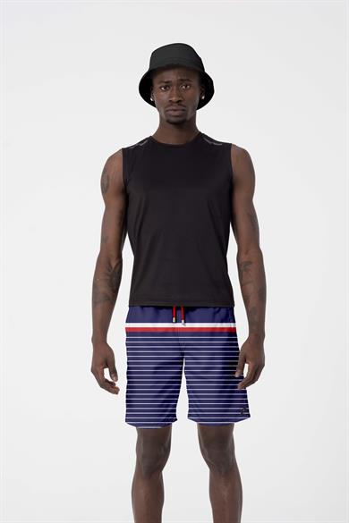 Lacivert Çizgi Desenli Uzun Boy Erkek Deniz ve Havuz Şortu 