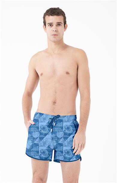 Tropikal Saks Mavi Desenli Mini Boy Erkek Mayo Deniz Şortu 