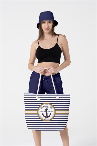 Marin Çapa Desenli Kalın Malzemeli,Geniş Hacimli Kadın Plaj Çantası