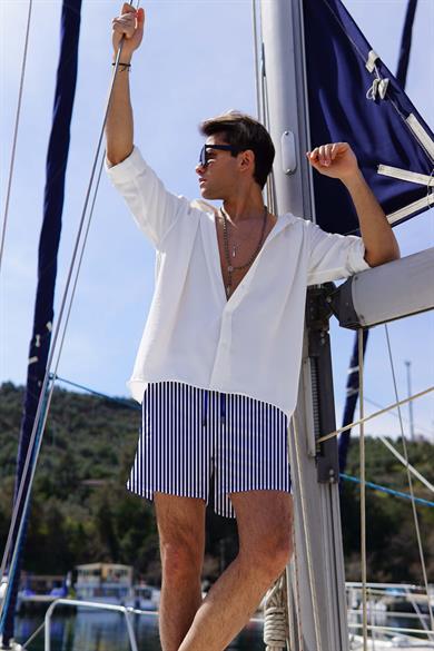 Lacivert Çizgi Desenli Standart Boy Erkek Mayo Deniz Şortu 