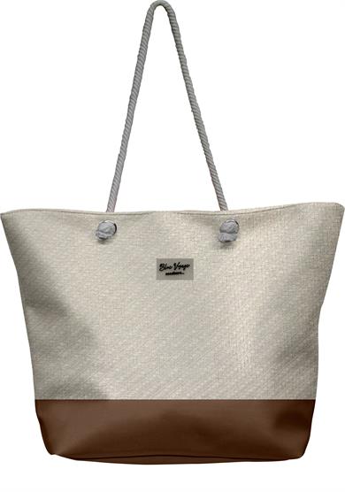 Keten Dokulu Taba Deri Parçalı Krem Rengi Astarlı Geniş Hacimli Kadın Plaj Çantası