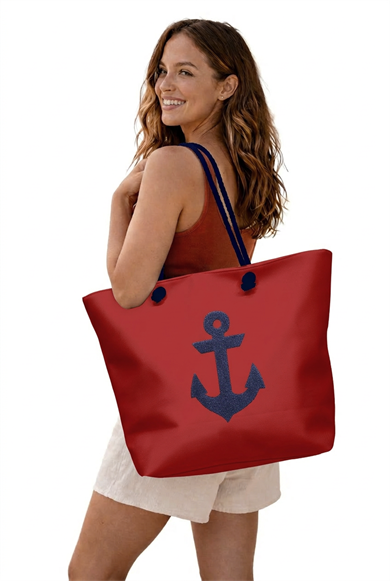 Marin Çapa Nakışlı Kırmızı Astralı Geniş Hacimli Kadın Plaj Çantası 